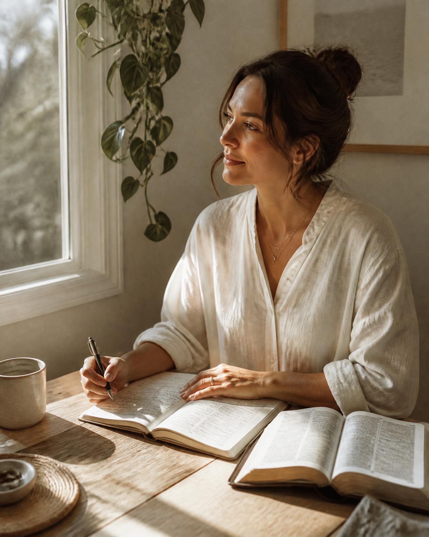 A woman journaling beside an open Bible in warm morning light
