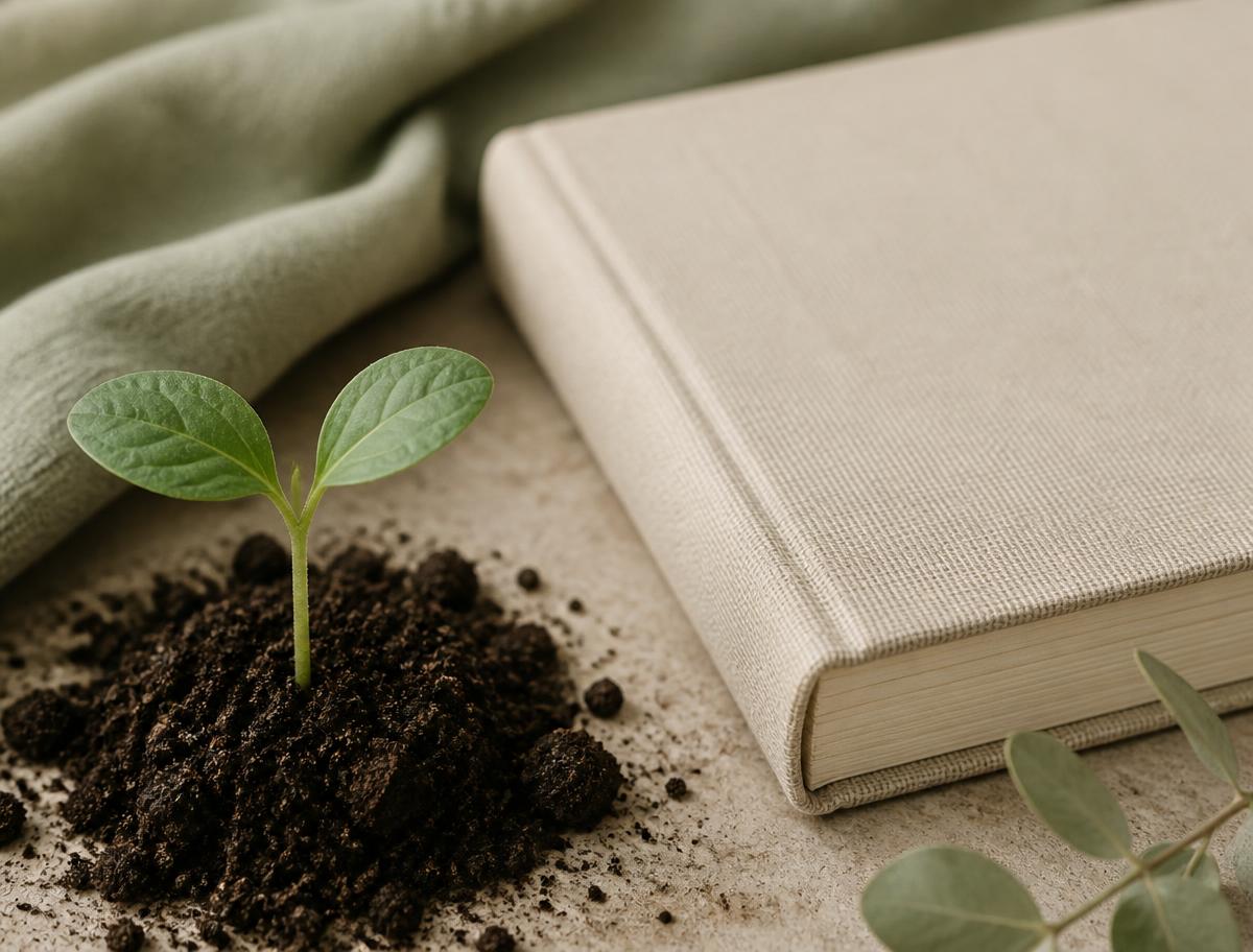 A seedling in soil beside a linen journal